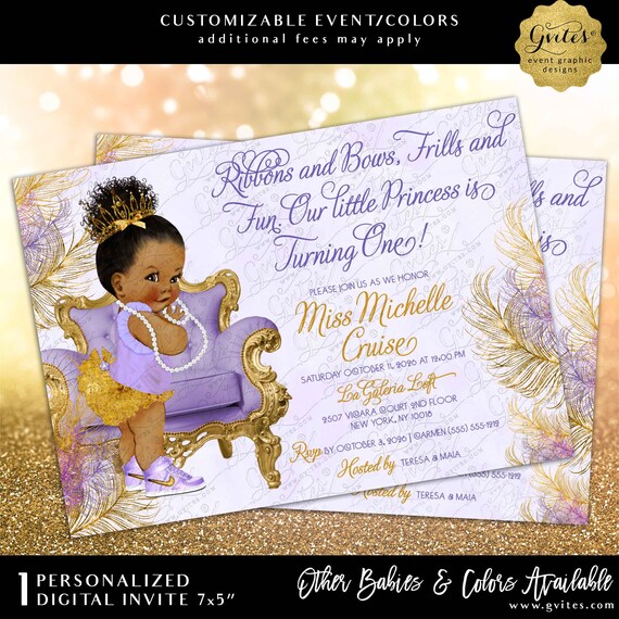 Purple Lavender and Gold Princess Baby First Birthday Invitation