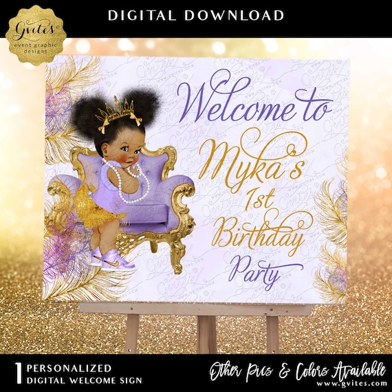 First Birthday Purple Lavender and Gold Afro Puff Princess Welcome Sign Poster Board Printable