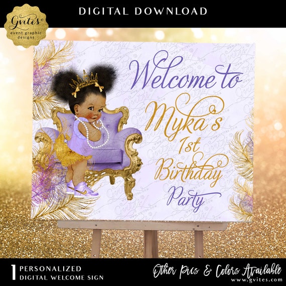 First Birthday Purple Lavender and Gold Afro Puff Princess Welcome Sign Poster Board Printable