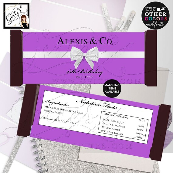 Purple Candy Bar Wrapper 25th birthday party favors, Breakfast at co labels Customizable 2 Per/Sheet 5.25x5.75" {Realistic Satin Ribbon}