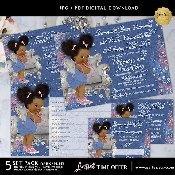 Afro Dark/Puffs Denim and Bows Diamonds and Pearls Baby Shower Printable Party Pack Set of 5 **LIMITED OFFER