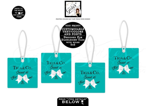 Gift Tags Personalized, Turquoise party favors, sweet 16 birthday, thank you tag. 2x2"/12 Per Sheet {Dashleigh© Square Tags w/holes 2x2”}