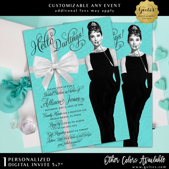 Breakfast Bridal Shower Invitations | Custom Audrey Hepburn Invites | Double Sided 5x7" Printable JPG + PDF