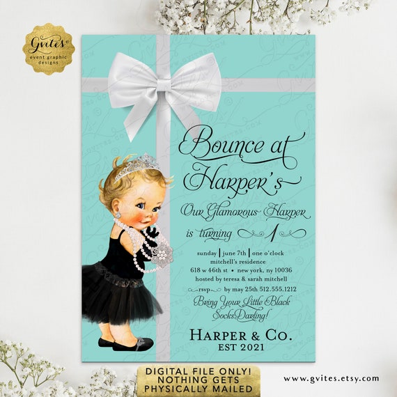 Classy Blue Baby & Co Bounce First Birthday Party Printable Invitation. Caucasian Girl.