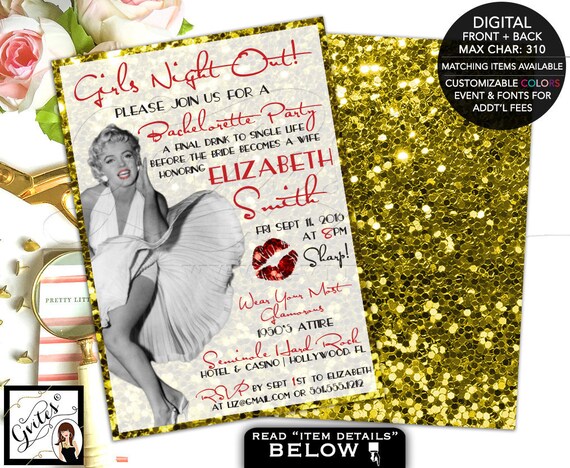 Marilyn Monroe Party Invitations / Gold Glitter Girls Night Out / Marilyn Monroe Bachelorette party / Old Hollywood style glitz & glamour Il_570xn