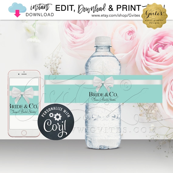 Blue Water Bottle Label For Bridal/Baby Shower. Party Favor/Stickers/Bride & Co Theme. {Instant Download} Edit Yourself with Corjl Platform. Il_570xn