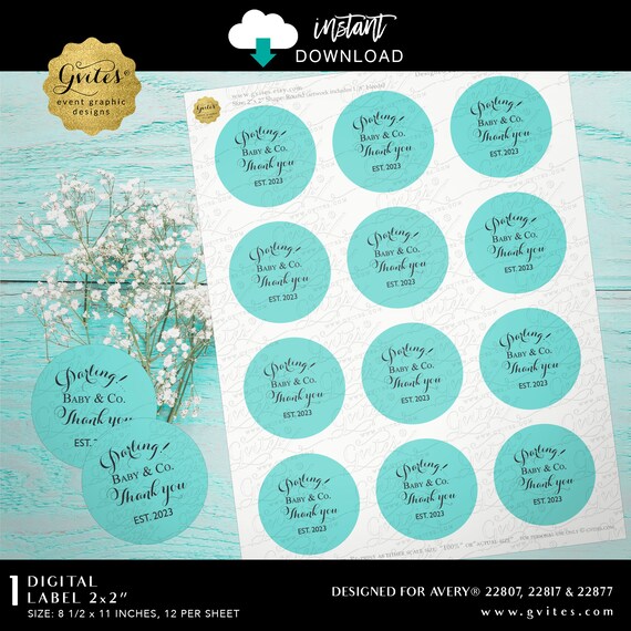 Baby and Co Darling Thank You Round 2x2 Breakfast Blue Labels Party Favors I Instant Download | Designed for Avery® 22807, 22817 & 22877