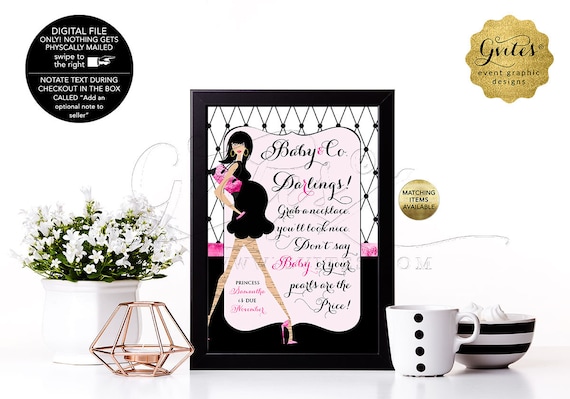 Baby Shower Printable Games, Pearl Necklace Game Sign, Don't Say Baby Pink and Black Paris Baby and Co Themed. 4x6 or 5x7