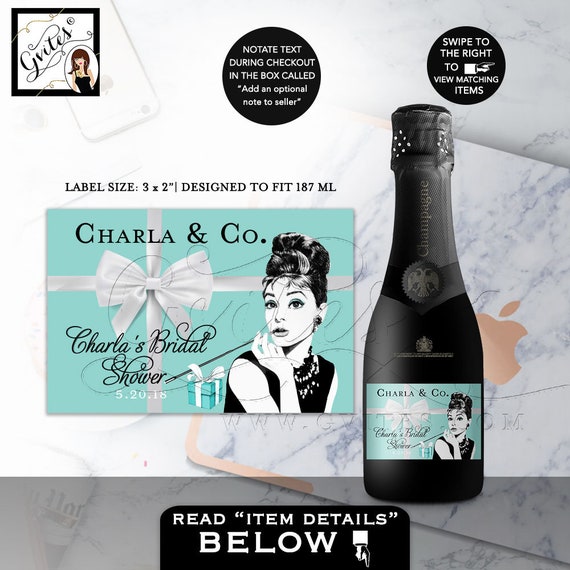 Bridal Shower Party Decorations Favors,Champagne Labels Mini Audrey Hepburn Party Theme, Stickers, Labels, Breakfast at, 3x2"/9 Per Sheet