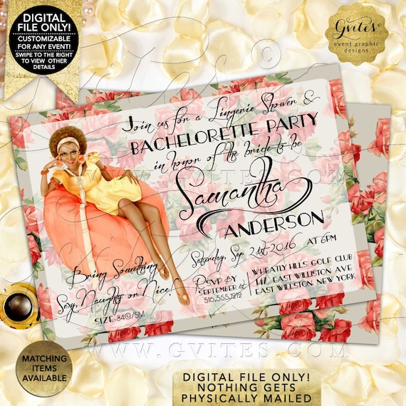Lingerie Shower & Bachelorette Party Invitation African American Pin Up Girl Vintage Risque Ethnic. Printable File Only! 7x5" Double Sided.