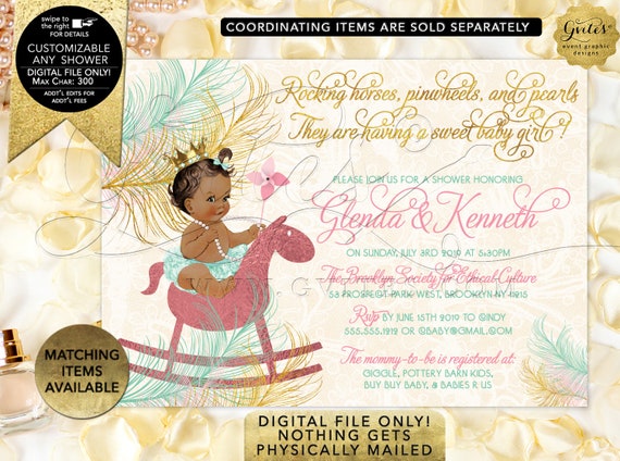 Mint Gold Pink Baby Shower Invitation | Princess on Horse Pinwheels/ Diamonds & Pearls/ Ribbon and Bow| Printable/Digital JPG/ PDF CWCHS-123