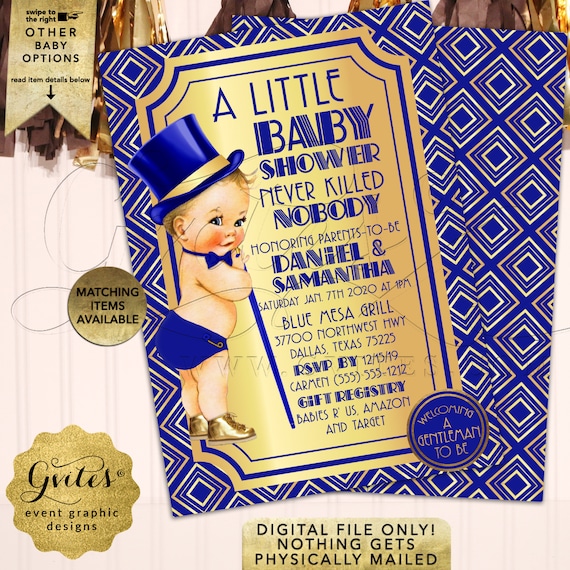 Royal Prince Baby Shower Printable Invitation in royal blue and gold.