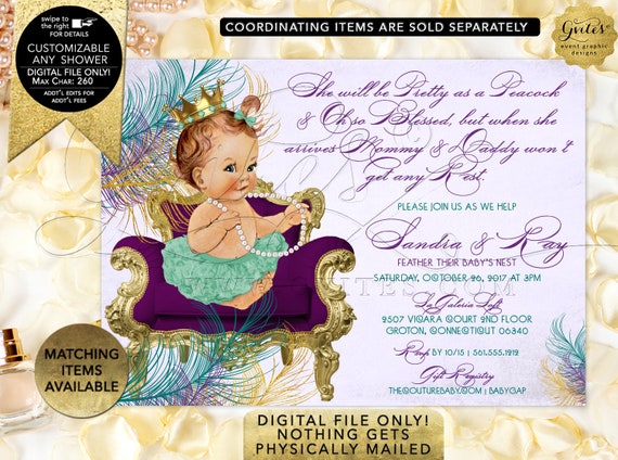 Peacock baby shower invitation purple lavender gold teal green princess | Printable Digital PDF + JPG Format | By Gvites