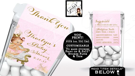 Tic Tac Labels Baby Shower Candy Wrapper Printable Thank you Gifts/ Party Favors Princess Vintage {White/ Gold Feathers} | Design: CWCHS-104