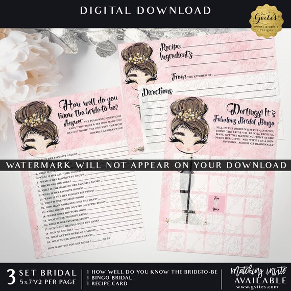 Bridal Shower Bundle Party | Printable Bingo Gift | How Well Do You Know The Bride-To-Be | Recipe Card | Instant Download