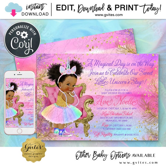 Unicorn Afro Puff Curly Princess Baby Shower Invitation Rainbow Pink Blue Pastel Colors Watercolor Brushes Glitter Feather by Gvites