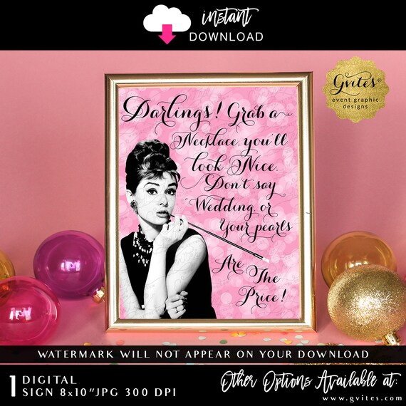 Audrey Hepburn Pearl Necklace Game Bridal Shower Don't say wedding INSTANT DOWNLOAD 8x10" JPG