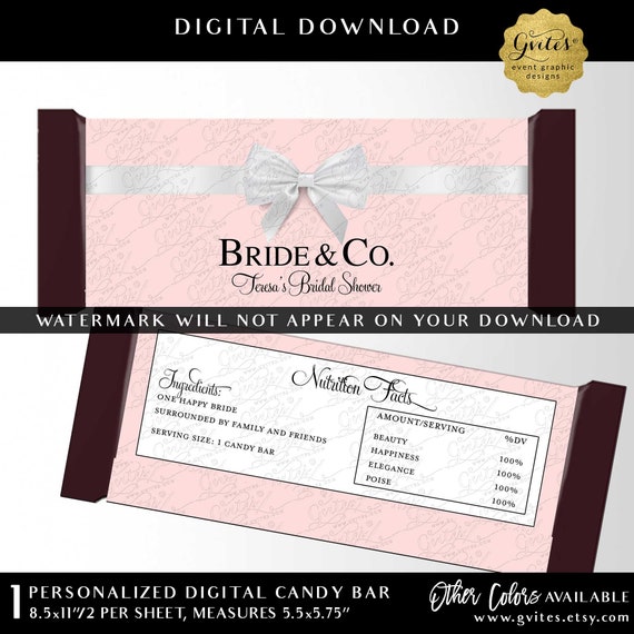 Blush Pink Personalized Bride & Co Printable Chocolate Candy Bar Wrappers | 5.25x5.75 Fits 1.55 oz Chocolate Bar