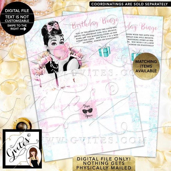 Birthday Bingo Game Breakfast Audrey Hepburn Printable Cards Instant Download by Gvites