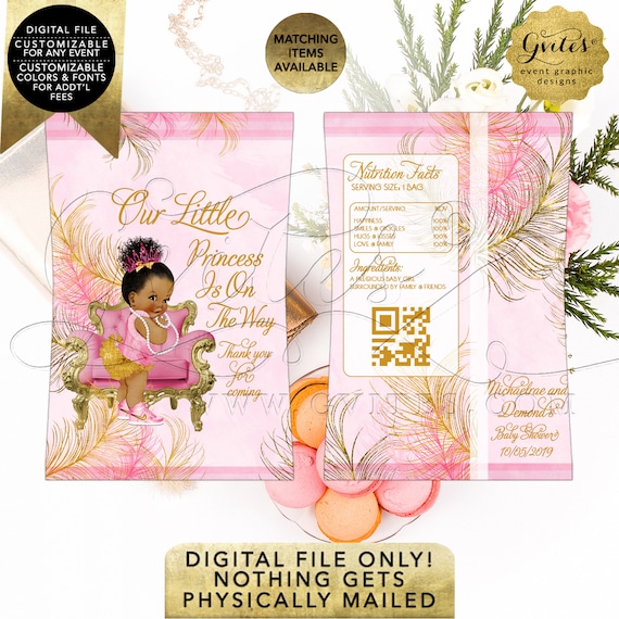 Chip Bag Printable Gold & Pink Baby Shower Vintage Afro Puff Baby Girl