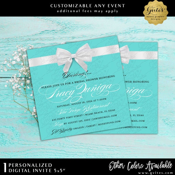 Custom Breakfast Bridal Shower Printable Invitation | Turquoise Blue Elegant Square 5x5" | Digital Download
