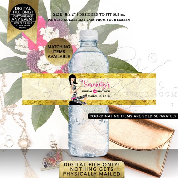 Pink and Gold Water Bottle Labels For Bridal Shower | Printable Digital JPG + PDF 8x2"/5 Per Sheet | By Gvites