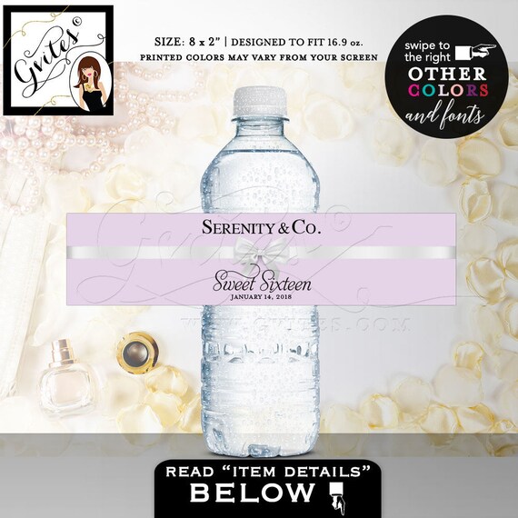 Purple Water Bottle Label Lilac Lavender and white, sweet 16 printable, 8x2"/5 Per Sheet