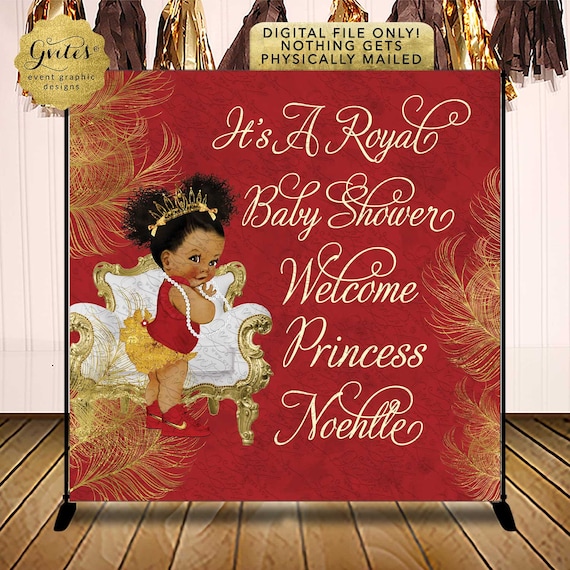 Photo Backdrop Royal Baby Shower Welcome Sign Featuring Gorgeous African American Baby Girl | Dark Puffs Curly Hair