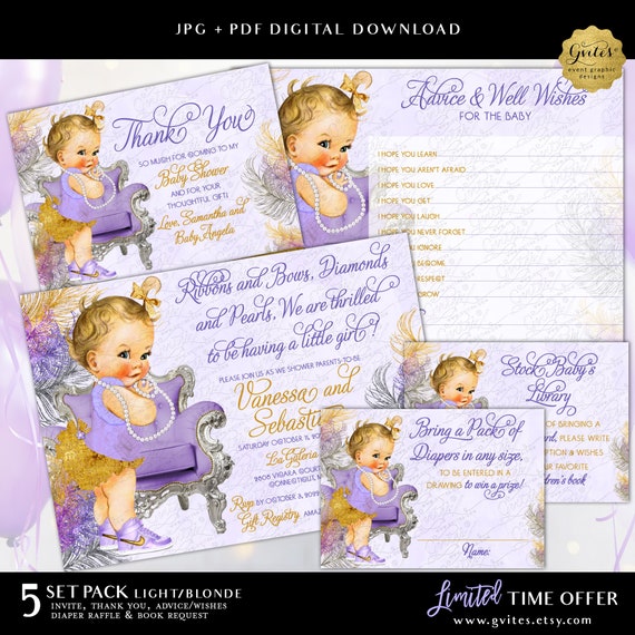 Lavender Purple Silver & Lava-Gold Baby Shower Printable Invitation | Light/Blonde Girl | Watercolor Feathers Pack Set of 5 **LIMITED OFFER