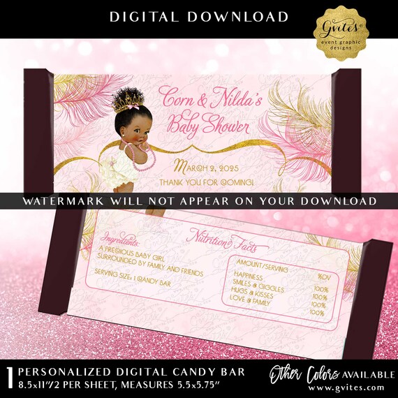 Candy Chocolate Bar Wrapper | Sparkly Feathers Pink & Gold Watercolor Afro Puffs Princess Baby Shower 5.25 x 5.75" 2 Per Sheet