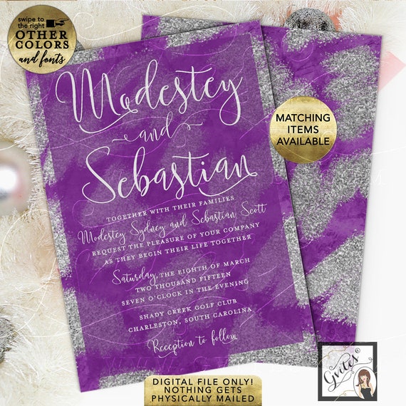 Silver Glitter and Purple Festive Wedding Invitations Watercolor | Winter Christmas Holiday Printable. 5x7" Double Sided.