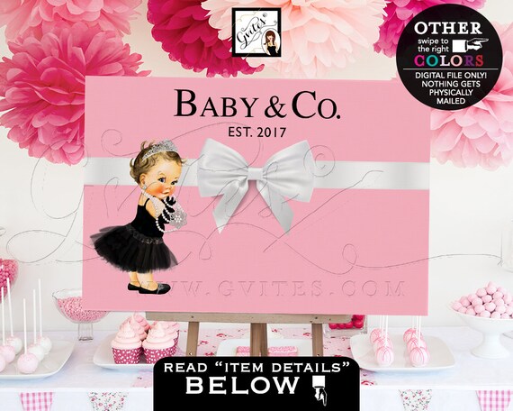 Baby & Co Backdrops Girl Baby Shower Poster Signs, 3 Skin Tones, Entrance Decoration, Breakfast at Pink and White Printable Sign