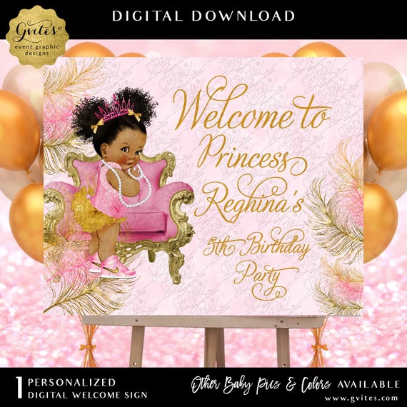First Birthday Welcome Sign Afro Puffs Princess Pink & Gold Feathers Printable