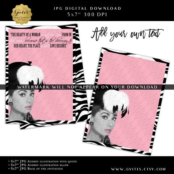 Bridal Shower Party Printable Template - Audrey Hepburn Black White Rose Pink Zebra Animal Print. 5x7" JPG