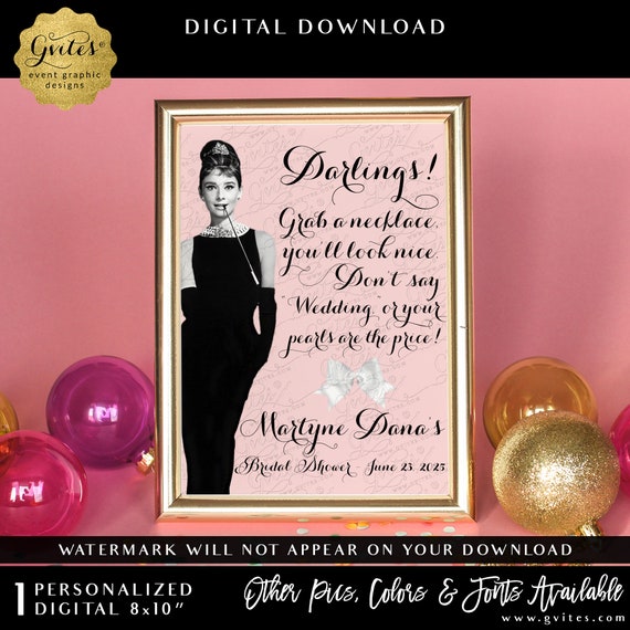 Blush Pink Custom | Pearl Necklace Game Sign | Audrey Hepburn Party Sign Don't Say Wedding 8x10"