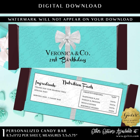 Custom 21st Birthday Hershey Candy Bar Chocolate Wrapper Party Favors | Breakfast at Blue Theme Digital Download