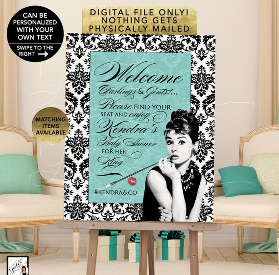 Welcome Baby Shower Sign/ Audrey Hepburn Baby and Co Blue Party Themed. Can be personalized with your own text. Digital/ Printable.