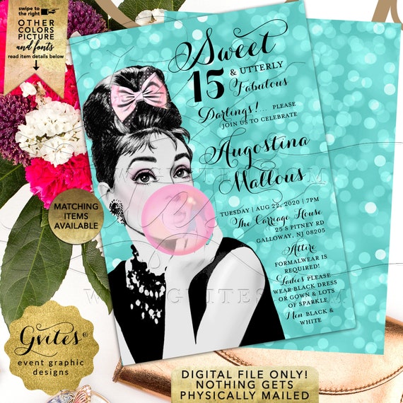 15th Birthday Teen Invitation Audrey Pink Bubble Gum/Breakfast Quinceanera Fabulous Party. Blue/Diamonds Pearls. JPG + PDF 5x7" Double Sided Il_570xn