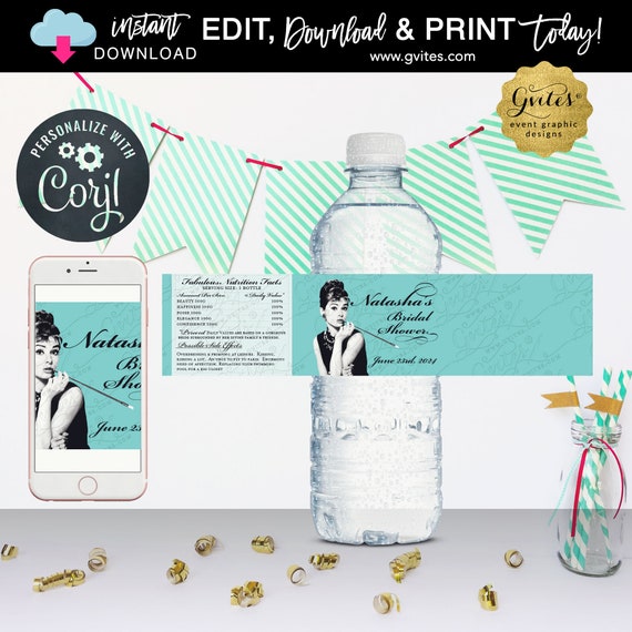 Corjl Water Label Breakfast Audrey Hepburn Theme | Blue Theme 8.5x2"/4 Per Sheet