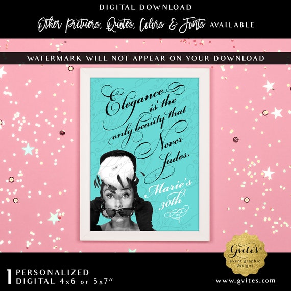 30th Birthday Decoration Audrey Hepburn | Customizable Signs For Centerpiece | Printable Blue Quotes Decor. {4x6" or 5x7"}