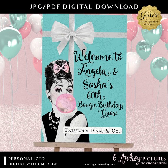 60th Double Birthday Cruise Celebration. Welcome Audrey Hepburn Party Theme Printable Foam Board Sign by Gvites.