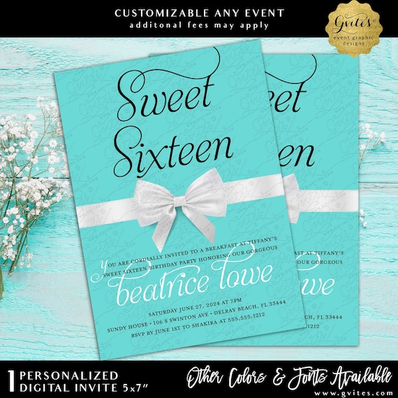 Printable Sweet 16 Invitation Breakfast at Theme Turquoise Blue 5x7" Digital Download