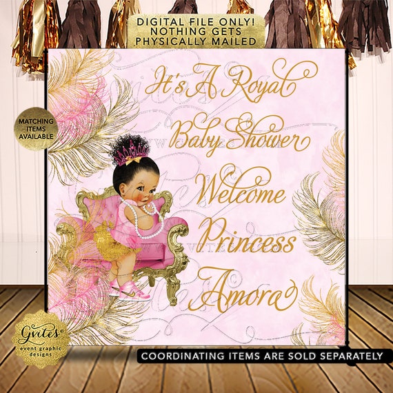 Photo Backdrop Pink & Gold Baby Shower Decoration/Banner/Poster Afro Bun Puffs Curly Vintage Girl / Digital File JPG + PDF