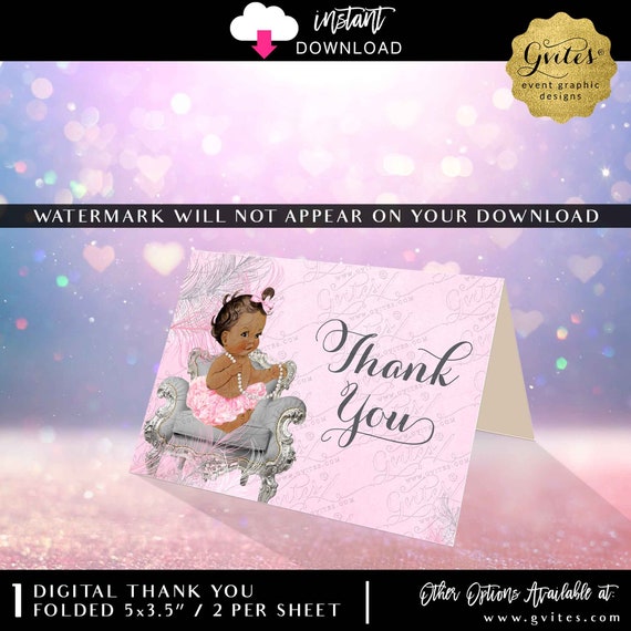 Thank you Baby Shower Card Instant Download | Princess Theme Pink White Silver Glitter Watercolor | Digital Folded 5x3.5" / 2 PER SHEET