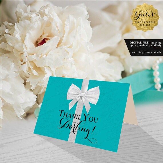 Turquoise Blue Thank You Card Printable | For Weddings/Bridal or Baby Shower. Name & Co White Bow. Breakfast Themed 5x3.5" 2 Per/ Sheet