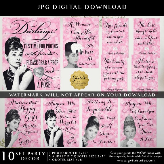 Audrey Hepburn Quotes Party Table Decorations | Breakfast Bridal Shower Decor | MEGA Bundle Set of 10