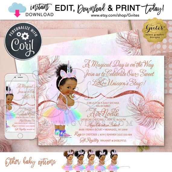 Rainbow Unicorn Princess Baby Shower Rose Gold | Printable Invitation | Princess Ethnic Baby Girl 7x5"