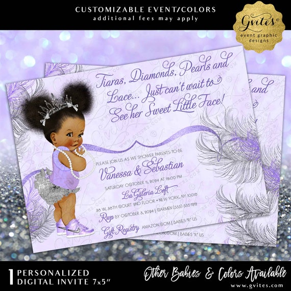 Sparkly Feathers Lavender & Silver Afro Puffs Princess Baby Shower Printable Invitation 7x5"