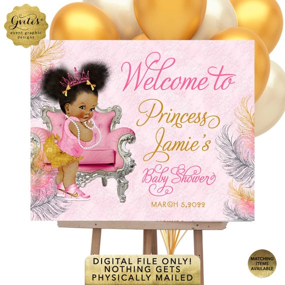 Pink Gold & Silver Baby Shower Welcome Sign. Printable Decorations Baby Girl African American Afro Puffs Pink Tiara High Top Sneakers Il_570xn