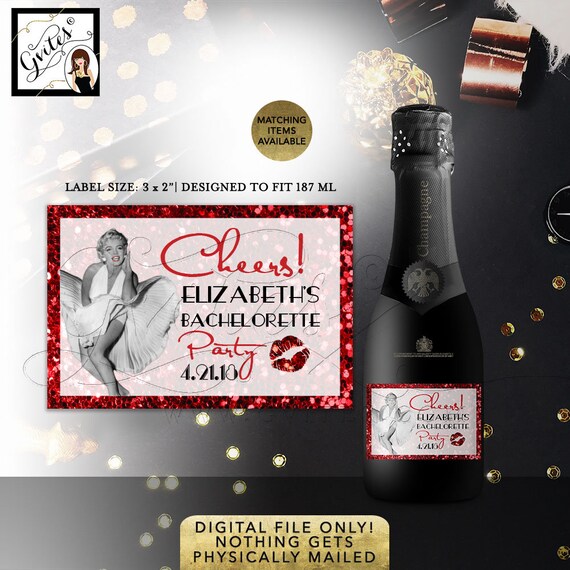 MINI CHAMPAGNE labels Marilyn Monroe Girls Night Out/Cheers Stickers/Favors Old Hollywood Style/Red Glitter Glitz 3x2"/9 Per Sheet